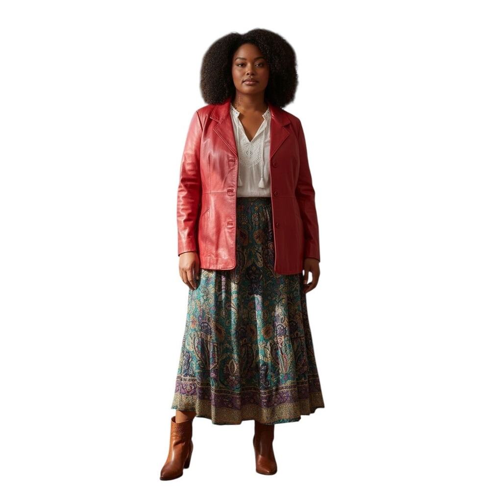 Nordstrom Womens Blazer Jacket with Gloves Genuine Lamb Skin Leather Red Size XL